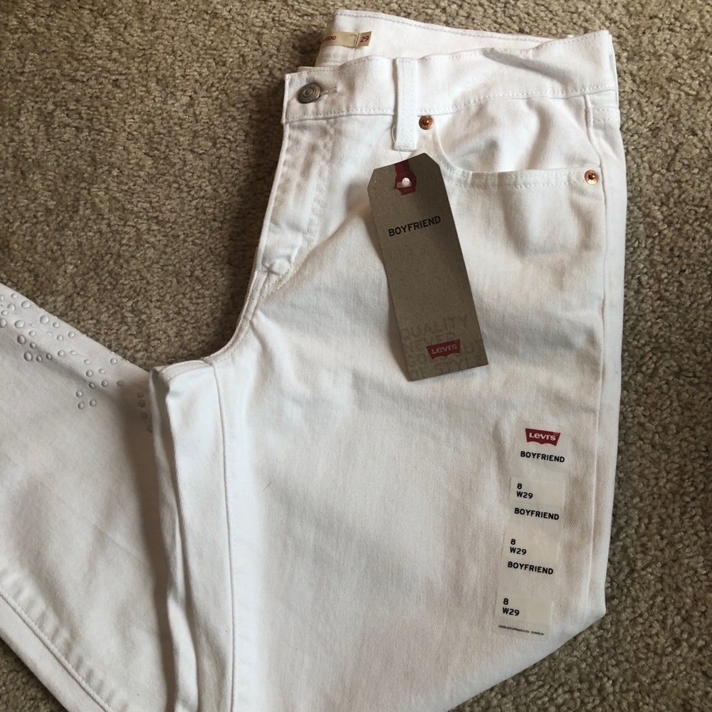 Levi’s boyfriend white crop studded jeans denim pants fringe 10 - Picture 4 of 10